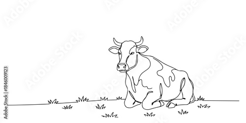 Continuous one line drawing of a cow sitting quietly in the pasture, representing the meaning of sacrifice and submission, the Islamic holy days, Eid al-Fitr, Eid al-Adha, line art style vector illust