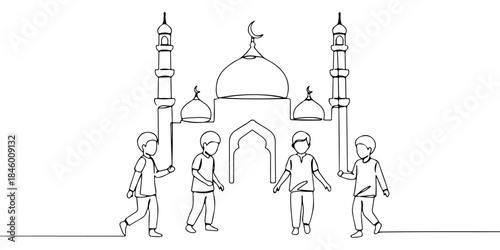 Continuous one line drawing of children playing in the mosque yard after Eid prayer, representing the joy and atmosphere of Eid al-Adha, the Islamic holy days, Eid al-Fitr, Eid al-Adha, line art style