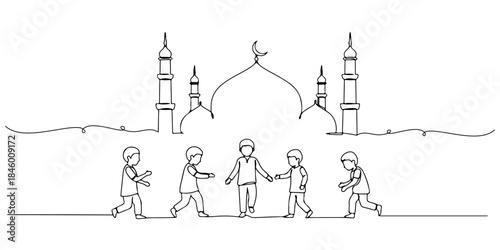 Continuous one line drawing of children playing in the mosque yard after Eid prayer, representing the joy and atmosphere of Eid al-Adha, the Islamic holy days, Eid al-Fitr, Eid al-Adha, line art style
