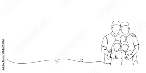 Continuous one line drawing of a small family posing together wearing Eid clothes, representing the warm atmosphere of Eid al-Adha, the Islamic holy days, Eid al-Fitr, Eid al-Adha, line art style vect