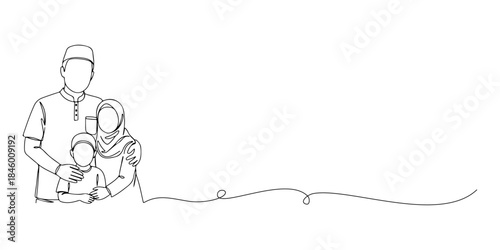 Continuous one line drawing of a small family posing together wearing Eid clothes, representing the warm atmosphere of Eid al-Adha, the Islamic holy days, Eid al-Fitr, Eid al-Adha, line art style vect