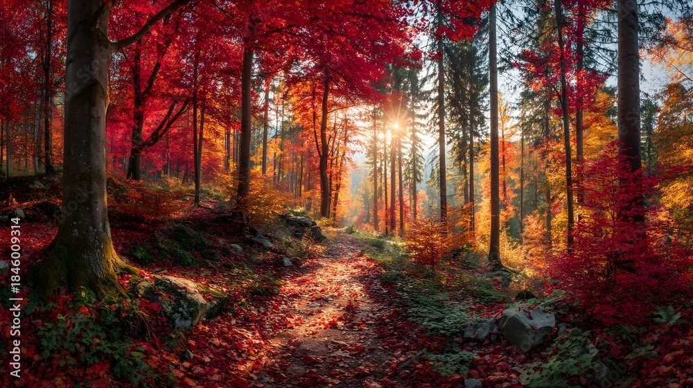 Fototapeta premium Sunlit path winds through a vibrant forest saturated with deep red autumn foliage