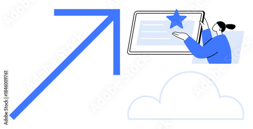 Digital transformation, cloud storage, user experience, data accessibility, growth strategies, innovation. Arrow pointing up, person interacting with a tablet and star cloud outline. Digital