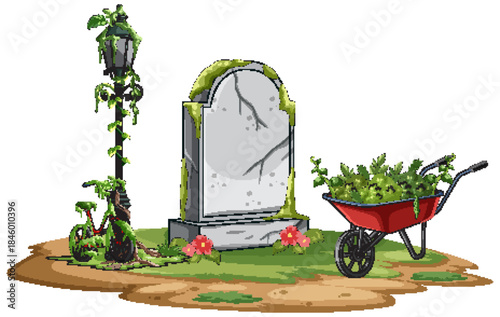 Overgrown Cemetery Gravestone with Abandoned Bicycle and Wheelbarrow