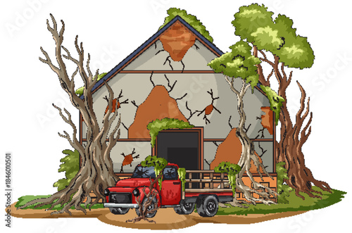 Abandoned Farmhouse with Overgrown Trees and Old Red Truck