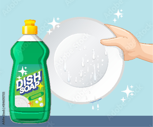 Hand Washing Clean Plate with Green Dish Soap Bottle