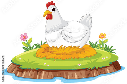 White Hen Sitting on Nest in Garden Illustration