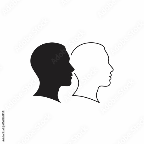 Black and white profile silhouettes of two heads facing each other face human
