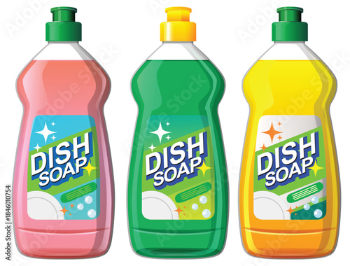 Three Colorful Dish Soap Bottles in a Row