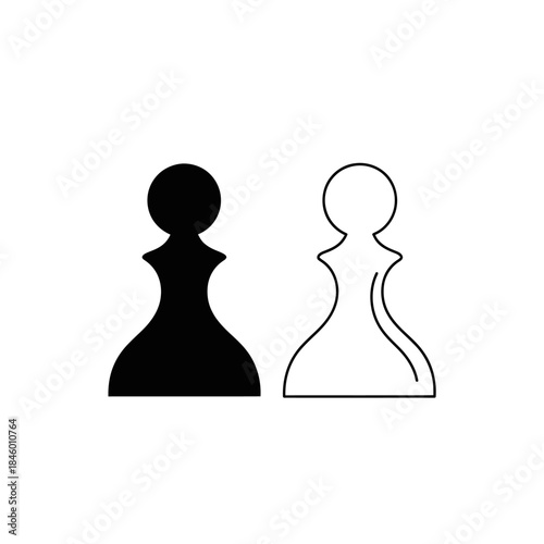 Black Silhouette and Outline of a Chess Pawn on White Background Keywords: chess, pawn, game, strategy, board game, piece