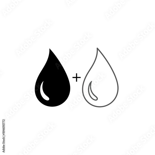Black and white water drop icons with plus sign on white background liquid droplet
