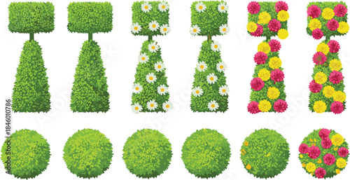 Decorative topiary bushes and floral arrangements in various shapes and colors, showcasing vibrant garden foliage perfect for landscaping design, nature illustration, and ornamental projects.