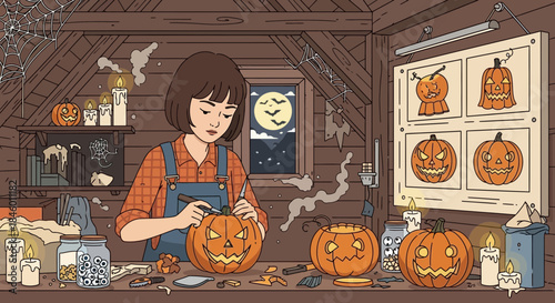 Woman Carving Pumpkins in a Workshop.