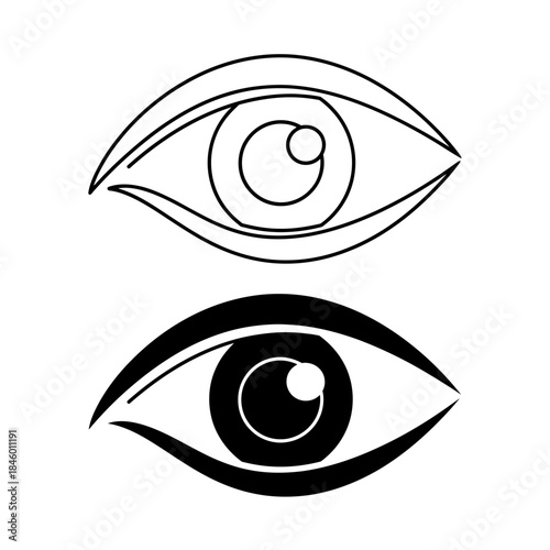 Two stylized eye icons one outlined and one solid black on white Keywords: eye, eyes, icon, symbol, vision, sight, looking