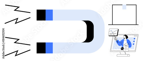 Digital marketing concept. Magnet customer attraction, with charts, data, and analytics imagery. Digital marketing s lead generation and business growth. For advertising, analytics, sales strategy