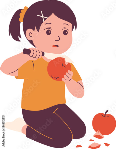 Young Girl With Sharp Knife Dangerous Situation Illustration