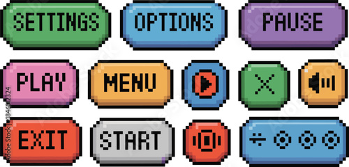 Pixel art game menu buttons set with play, pause, settings and options, colorful retro 8 bit user interface elements, vector UI assets collection