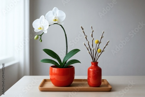 Wallpaper Mural A stylish still life featuring a white orchid in a glossy orange pot beside a red vase of pussy willow branches. Clean, minimalist home decor scene on a light wooden table. Torontodigital.ca