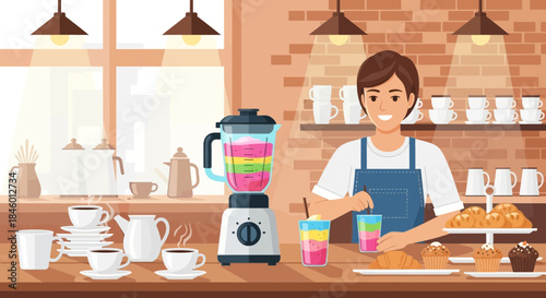 Woman Preparing Smoothie in Kitchen Counter.