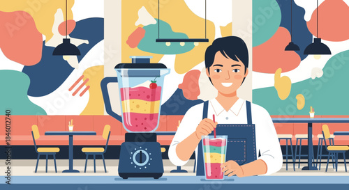 Woman Preparing Smoothie with Blender.
