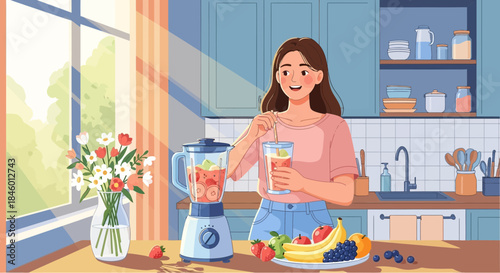 Woman Preparing Smoothie in Modern Kitchen.