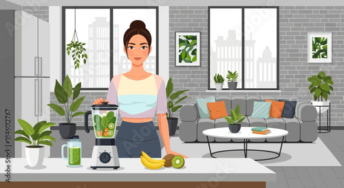 Woman Standing in Modern Kitchen Interior 1.