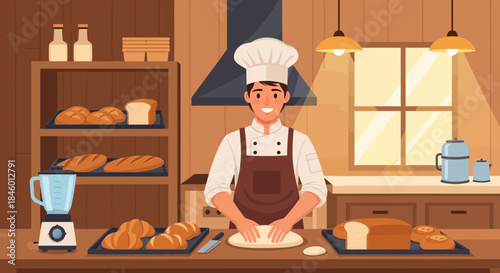 Cartoon Baker Preparing Dough in Kitchen.