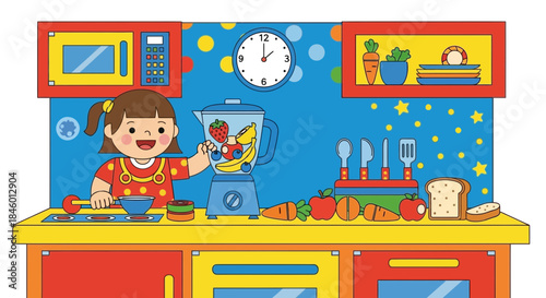 Little Girl Preparing Healthy Meal in Kitchen.