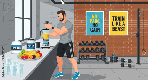 Man Exercising with Protein Shake Bottle.