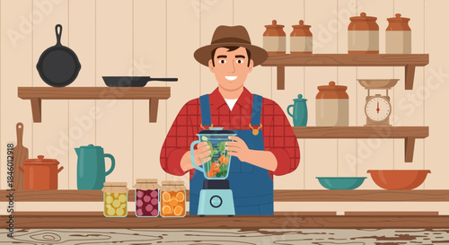 Man in Apron Holding Ceramic Mug.