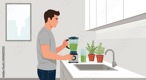 Man Making Smoothie in Modern Kitchen.