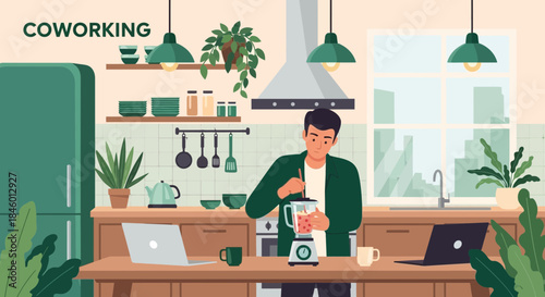 Man Preparing Coffee in Modern Kitchen.