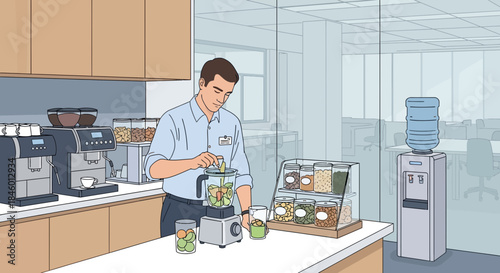 Man Preparing Coffee in Modern Office.