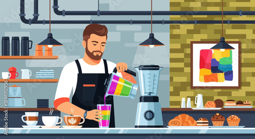 Man Preparing Colorful Smoothie in Cafe.