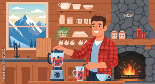 Man Preparing Smoothie in Cozy Kitchen.