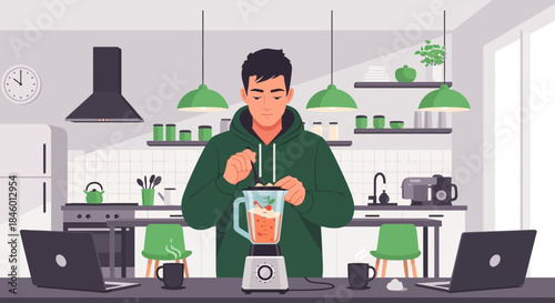 Man Preparing Smoothie in Modern Kitchen.