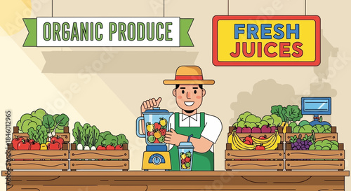 Man Selling Fresh Organic Produce Juices.
