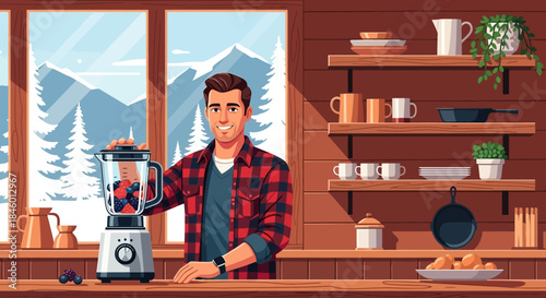 Man Standing Near Blender in Kitchen.