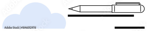 Creativity, communication, brainstorming, writing tools, ideas, digital notes. A stylized pen with a cloud and horizontal lines. Creativity and communication concept illustrated with minimal elements