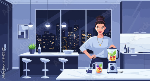 Woman Preparing Healthy Smoothie in Modern Kitchen.