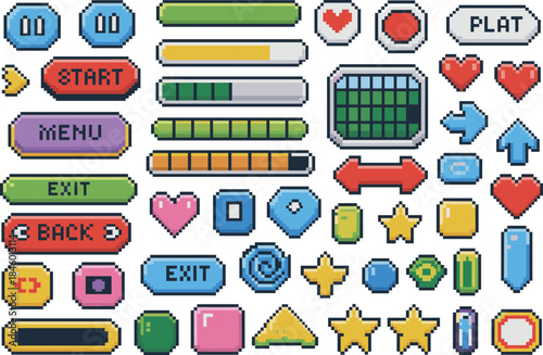Pixel art game UI elements set with buttons, icons, progress bars and hearts, retro 8 bit interface assets collection, colorful vector illustration