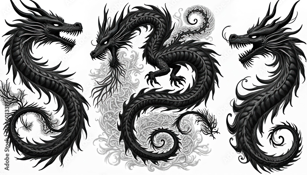 Fototapeta premium Three detailed black dragons with sharp teeth, claws form intricate patterns. Mythical creatures with detailed scales, swirling tails on white background. Powerful beasts represent fantasy, folklore