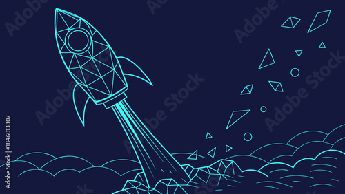 Startup Rocket Launch and Business Growth Concept with Wireframe Spacecraft Vector