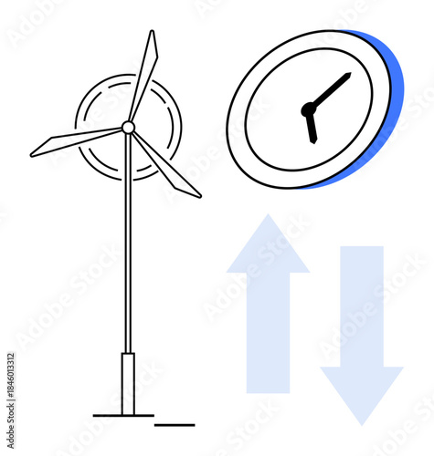 Sustainability, energy management, environmental efficiency, time optimization, renewable resources, future technology. Wind turbine, clock up and down arrows. Sustainability and energy management