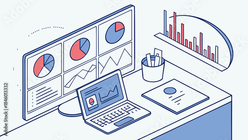 Modern Business Analytics and Data Visualization Workspace Concept with Dashboard Charts, Laptop and Performance Metrics Vector