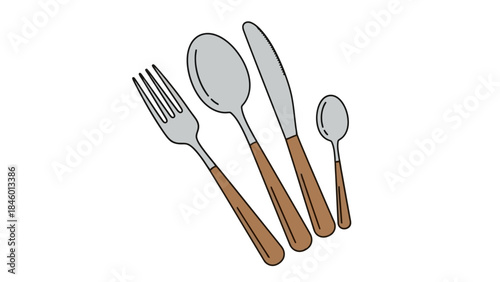 Set of kitchen cutlery, fork, spoon, and knife with wooden handles, isolated