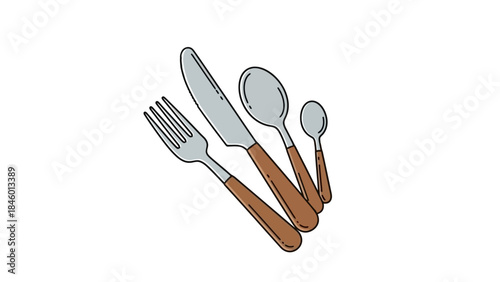 Set of Modern Cutlery with Wooden Handles, Flat Design Vector Illustration