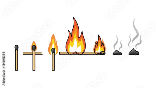 Sequence of Burning Matches Showing Ignition, Flame Progression, and Ash Formation