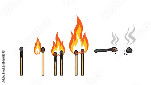 Sequence of Burning Matches, from Unlit to Ash: Vector Illustration