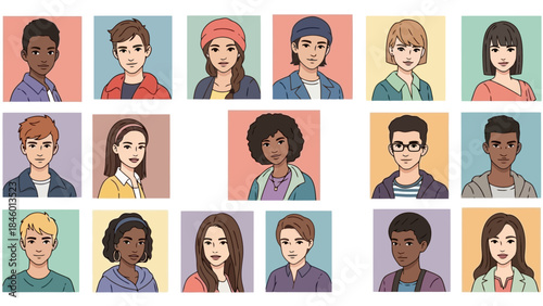 Diverse Group of Teenagers Portraits Collection, Youthful Characters with Different Styles
